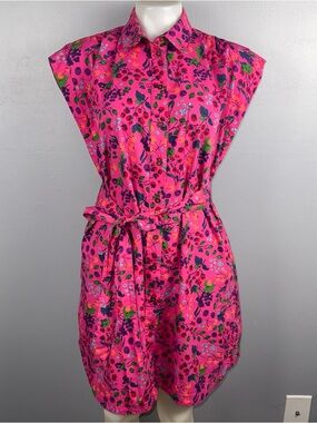 Maeve Anthropologie Shirt Dress Small Fuchsia Pink Berries & Leaves Print
